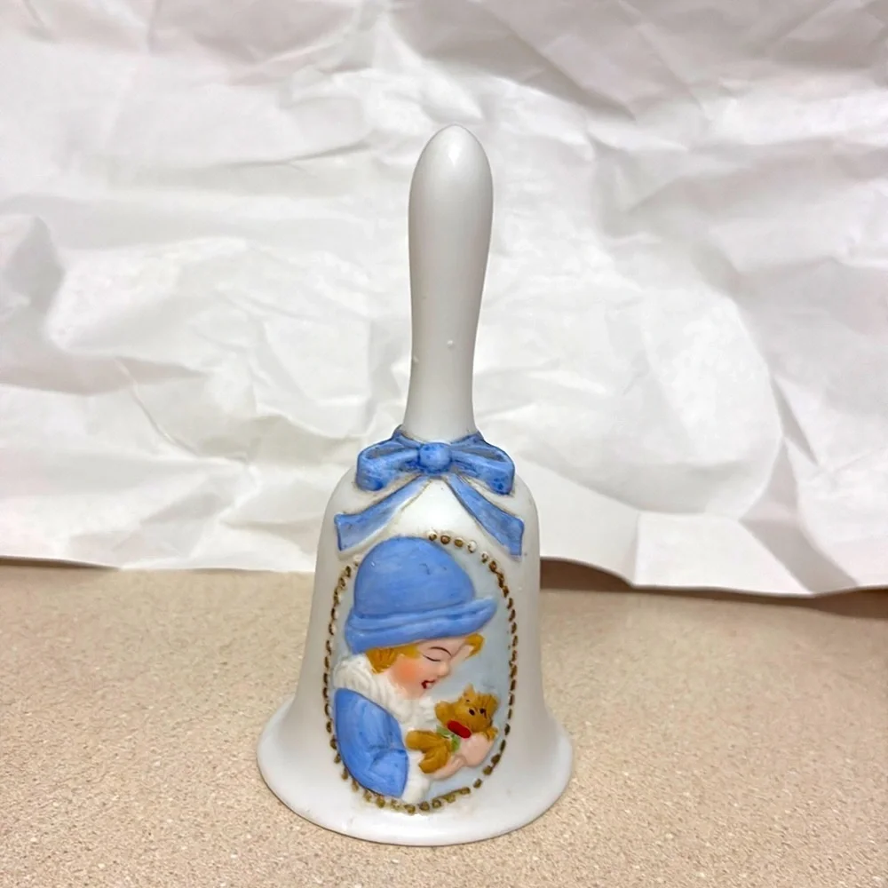 Vintage Jasco Bisque Porcelain bell girl Holding bear w/Blue Ribbon EUC VTG bell